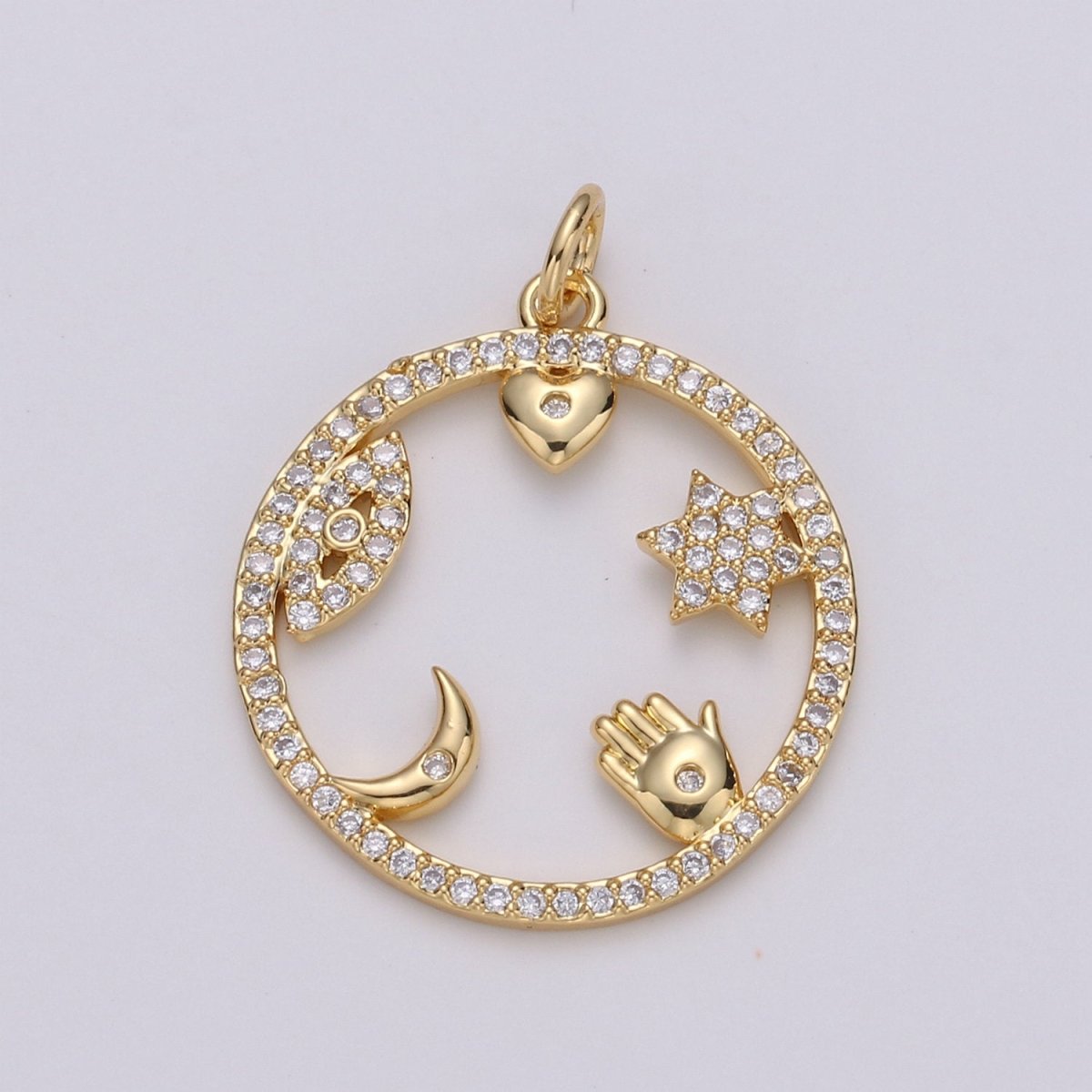 Micro Pave Medallion lucky Charm ,Gold medallion, Cubic ucky charm,Medallion pendant,Heart, Moon, Star luck, Evil eye Cz medallion Charm D-444 D-445