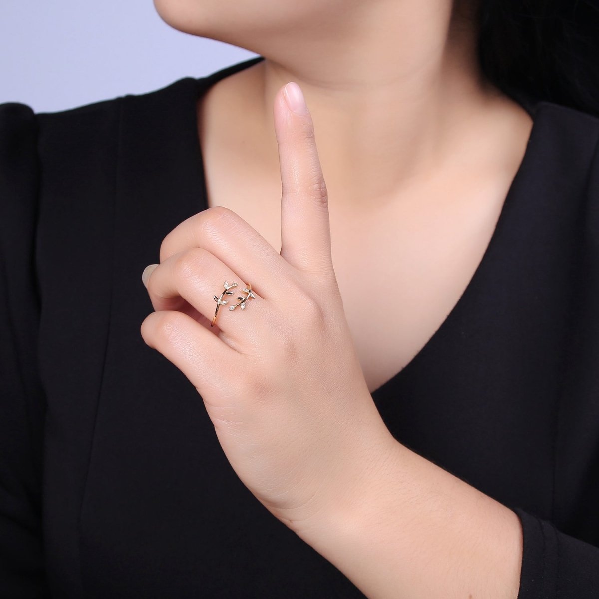 Micro Pave Olive Vine Leaf Adjustable Ring, Crystal Cubic Zirconia CZ Mother Nature Stacking Ring, Minimalist 16K Gold Filled Ring, Gift For Her Plant Mom U-436 - DLUXCA