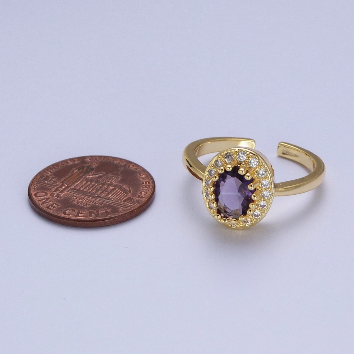 Micro Pave Oval Purple Amethyst Cubic Zirconia CZ Adjustable Gold Ring S-248 - DLUXCA