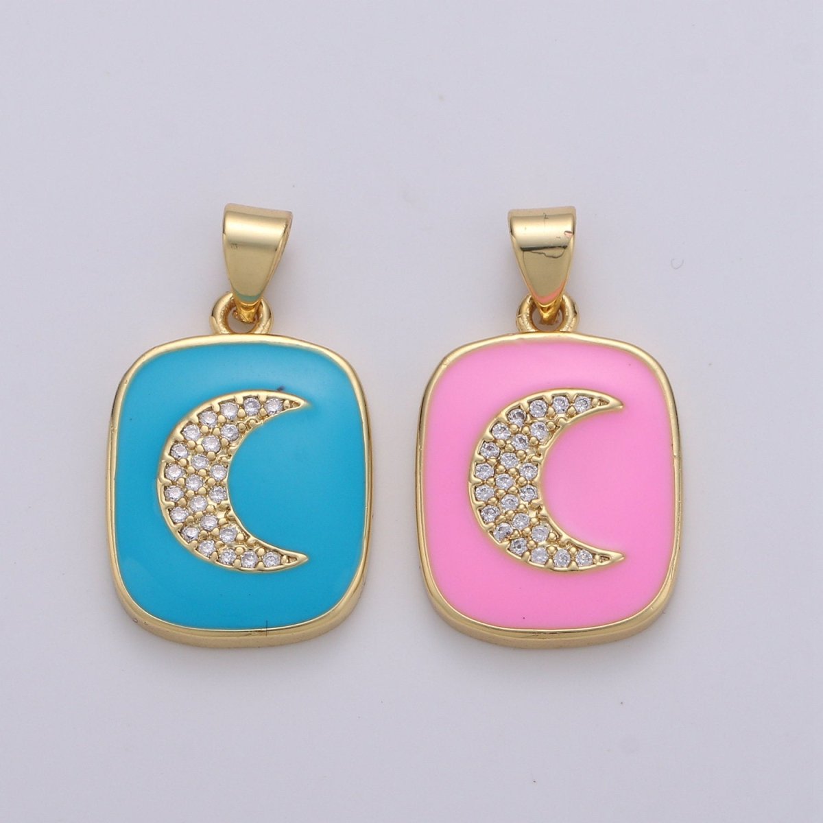 Micro Pave Pink Enamel Moon Charm Pendant, Enamel Crescent moon Pendant, 14K gold Filled Celestial Charm Pastel Pendant Necklace Bracelet J-044,J-045
