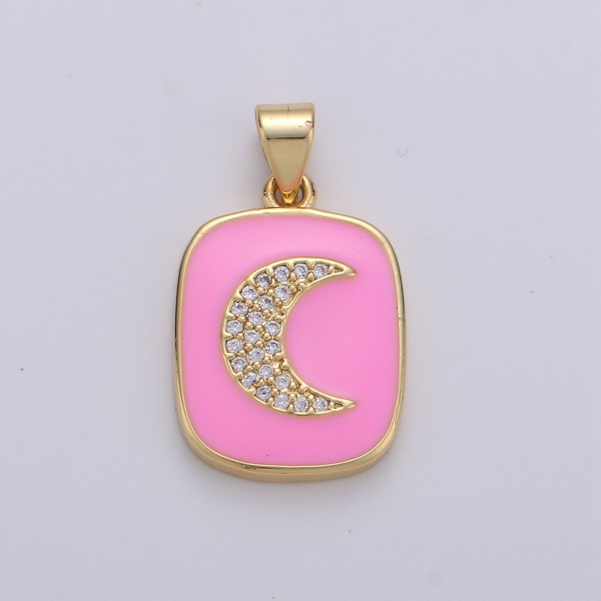 Micro Pave Pink Enamel Moon Charm Pendant, Enamel Crescent moon Pendant, 14K gold Filled Celestial Charm Pastel Pendant Necklace Bracelet J-044,J-045