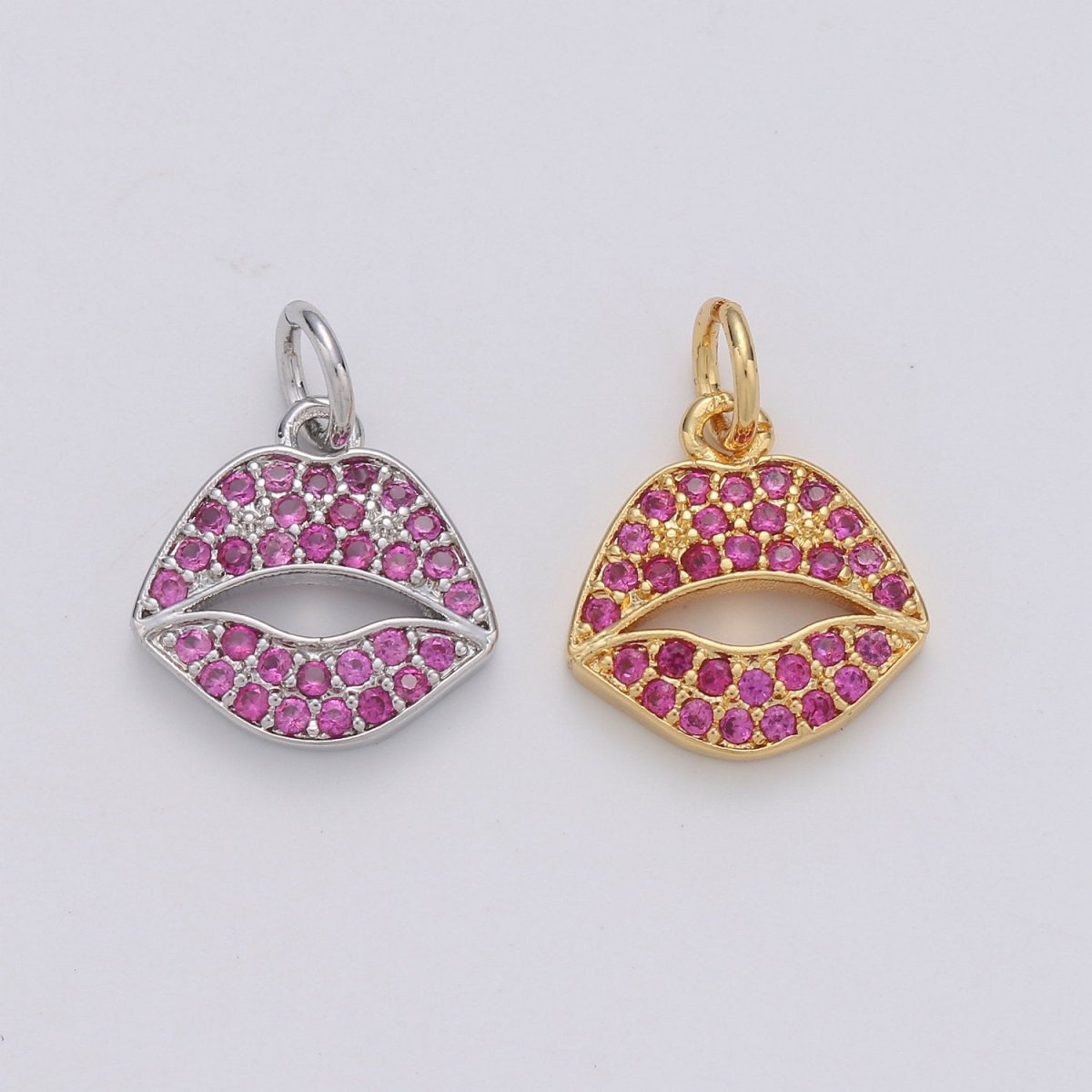 Micro Pave Pink Lips Charm in 14k Gold Filled for Bracelet Earring Necklace Charm Supply / Silver Lips Charm Kiss jewelry, D-188 D-189