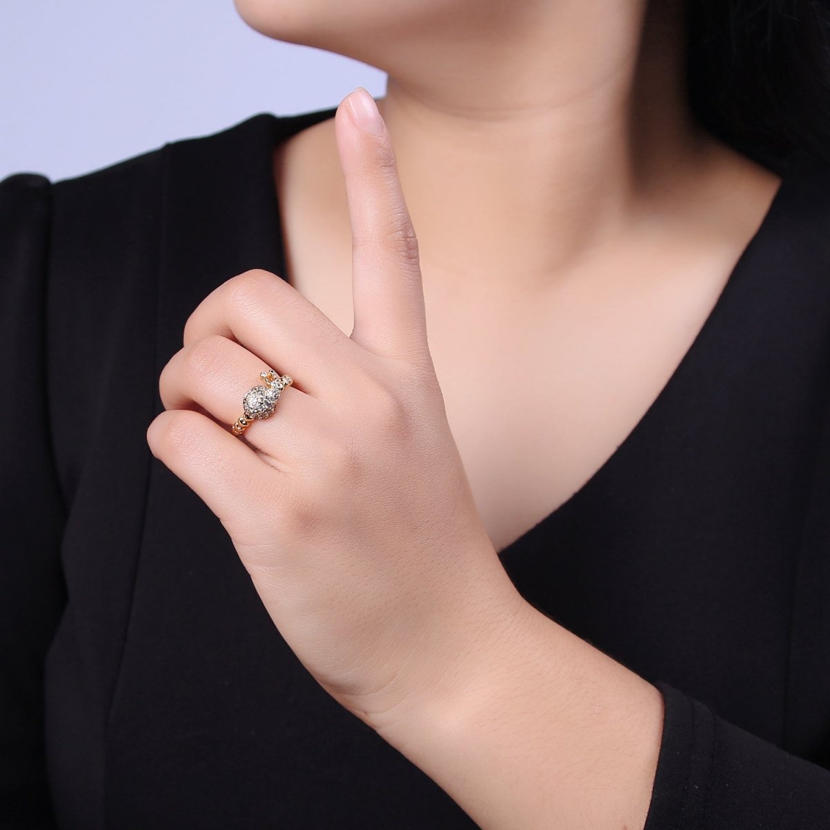 Micro Pave Snail Ring, Heart Textured Gold Adjustable Band Ring, 24K Gold Filled Nature Ocean Wildlife Under The Sea Ring U-441 - DLUXCA