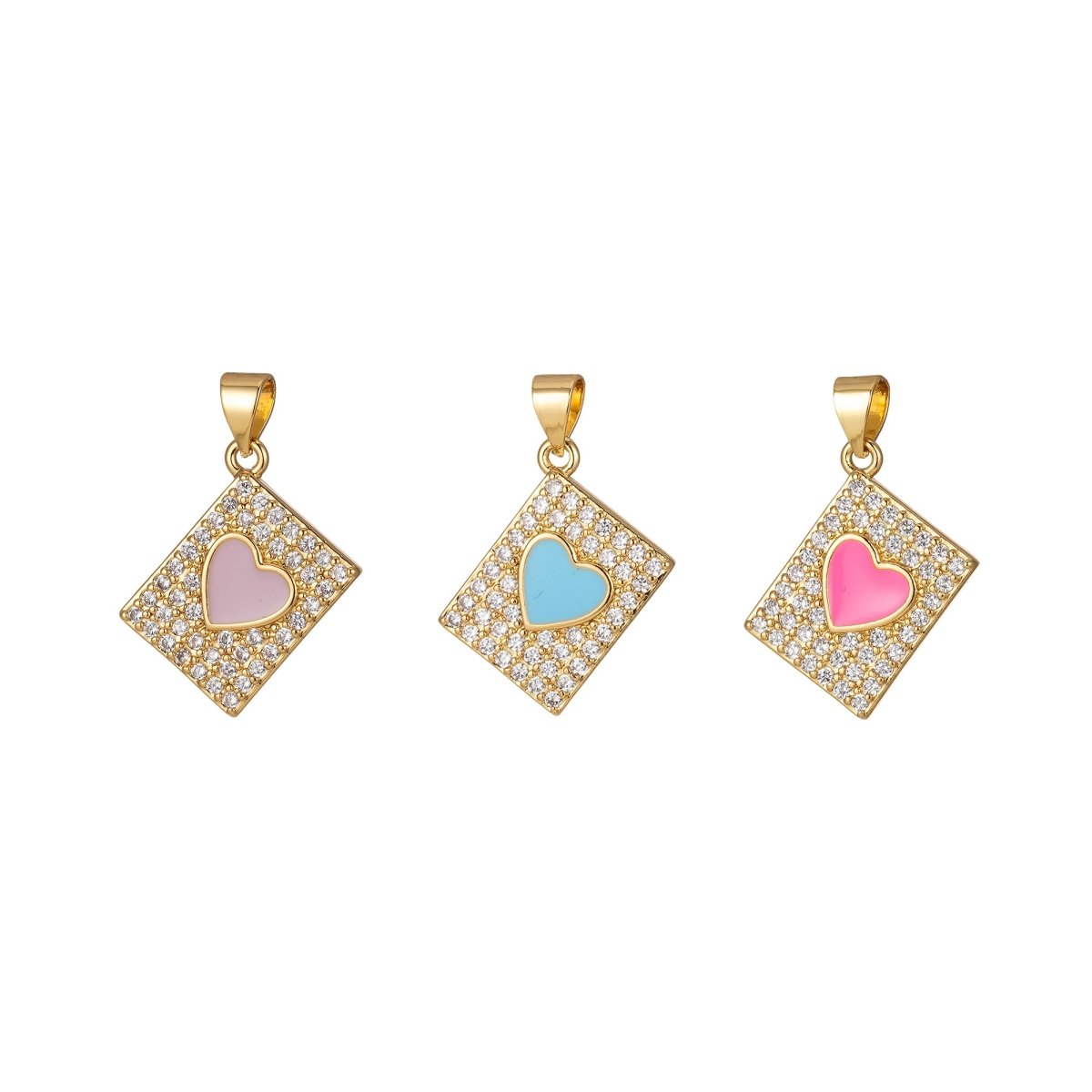 Micro Pave Tile Charm Cubic Heart Enamel Pendant Blue Pink Purple J-818~J-820