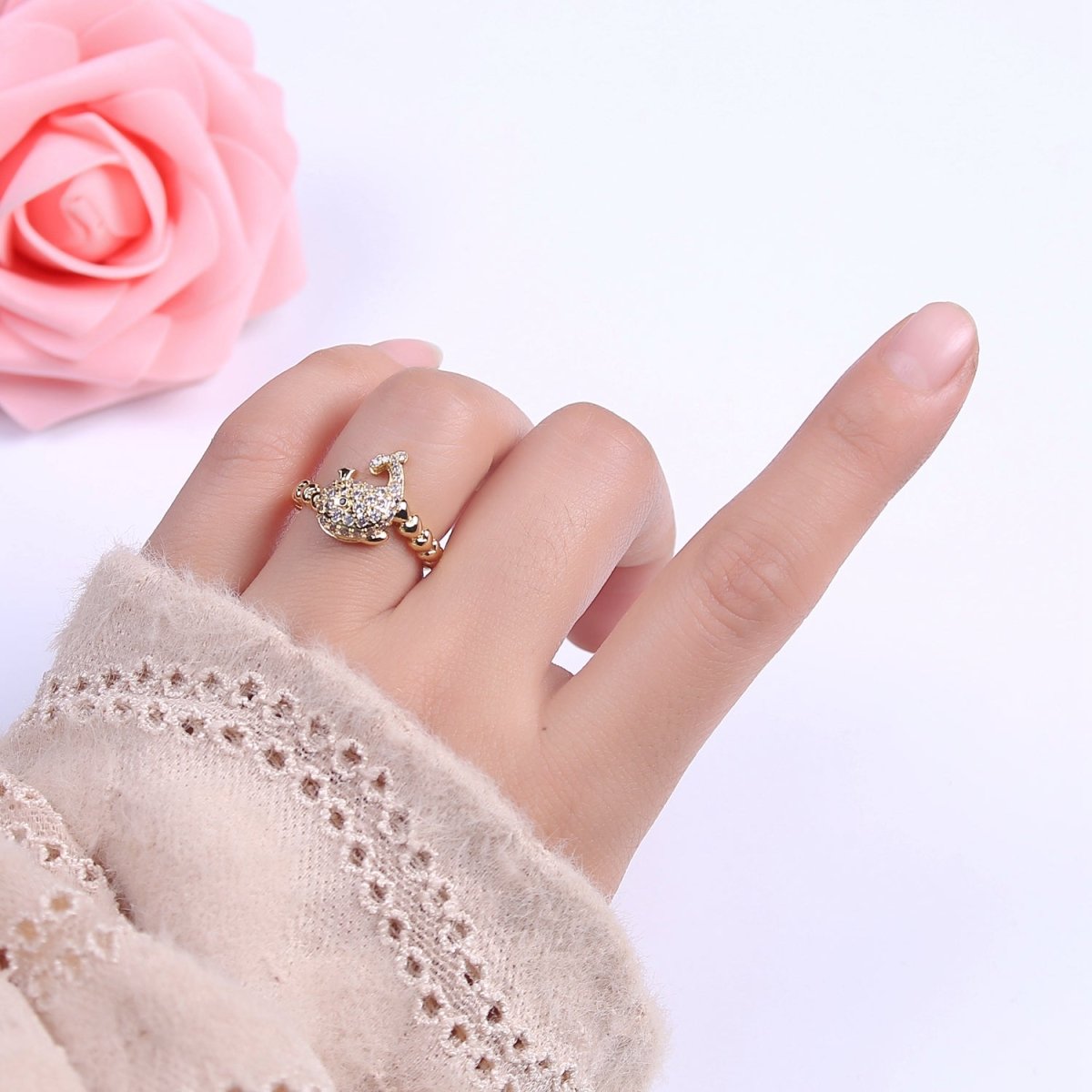 Micro Pave Whale Ring, Heart Textured Gold Adjustable Band Ring, 24K Gold Filled Nature Ocean Wildlife Under The Sea Ring U-439 - DLUXCA