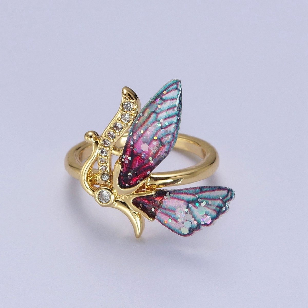 Micro Paved Antenna Butterfly Fairy Fuchsia, Blue Wings Adjustable Ring | O-098 O-099