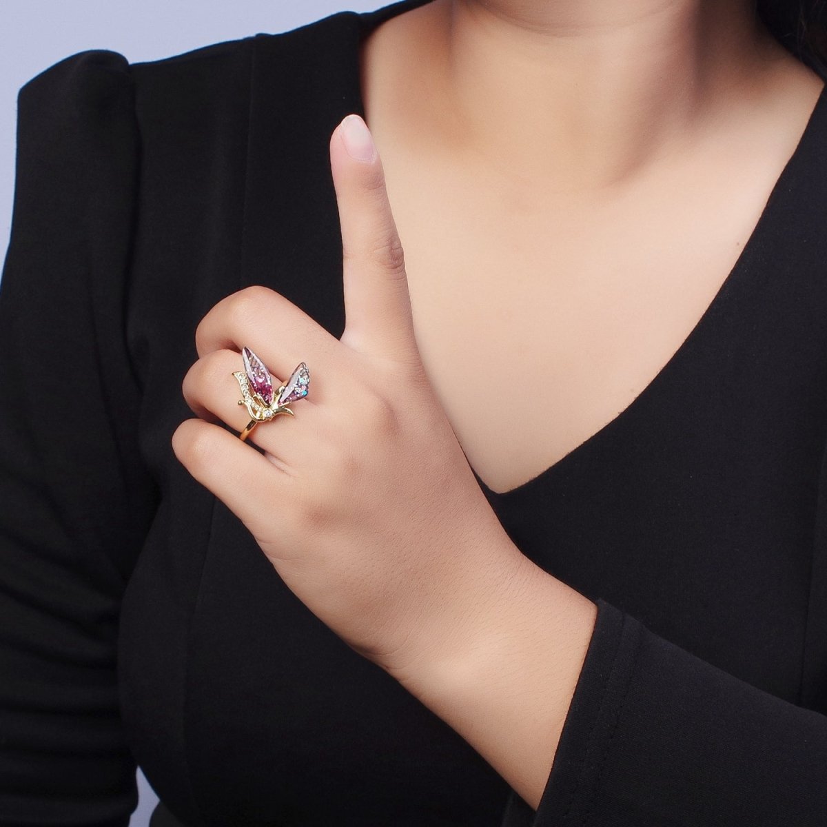 Micro Paved Antenna Butterfly Fairy Fuchsia, Blue Wings Adjustable Ring | O-098 O-099