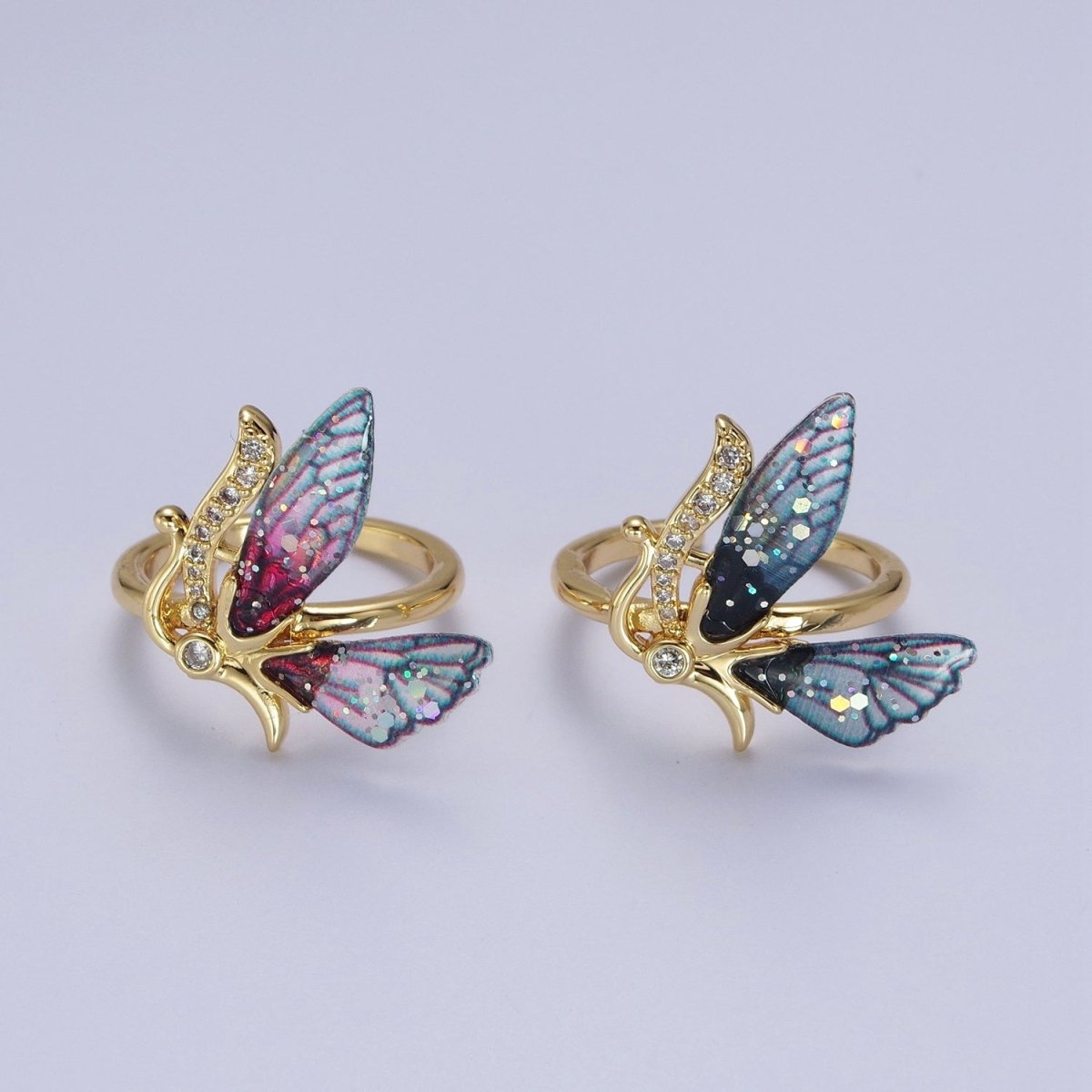 Micro Paved Antenna Butterfly Fairy Fuchsia, Blue Wings Adjustable Ring | O-098 O-099