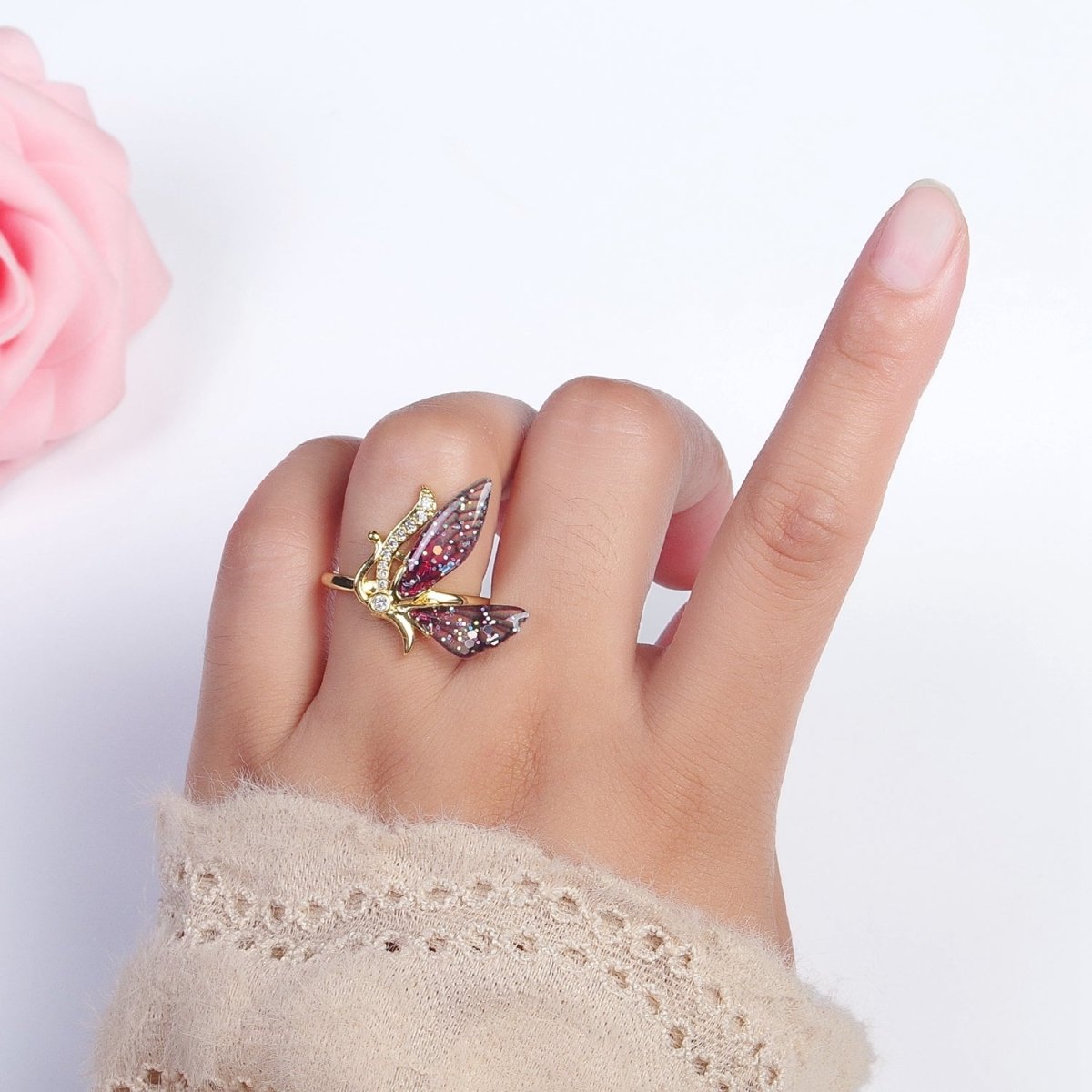 Micro Paved Antenna Butterfly Fairy Fuchsia, Blue Wings Adjustable Ring | O-098 O-099