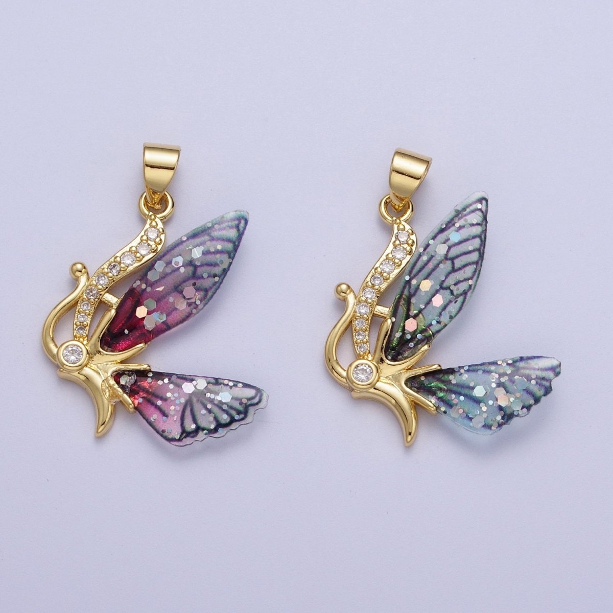 Micro Paved Antenna Butterfly Fairy Fuchsia, Blue Wings Pendant H-063 H-640