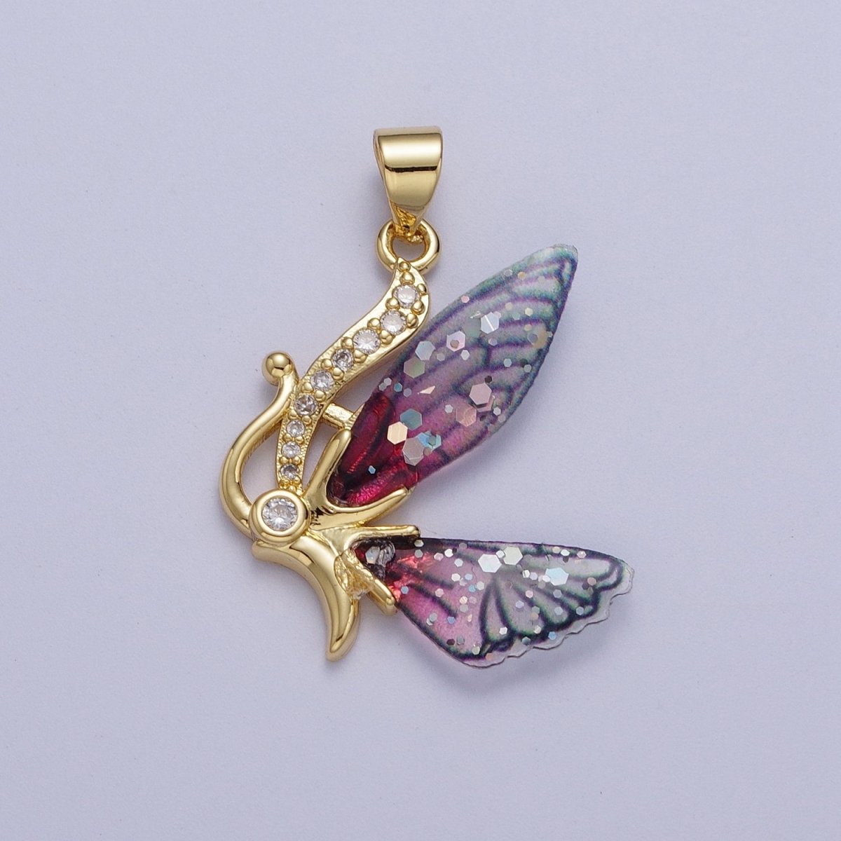 Micro Paved Antenna Butterfly Fairy Fuchsia, Blue Wings Pendant H-063 H-640