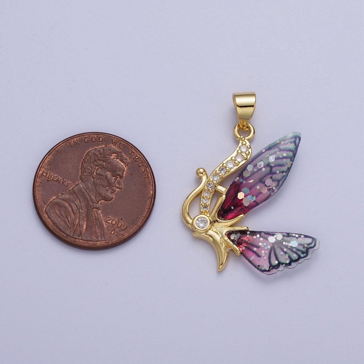 Micro Paved Antenna Butterfly Fairy Fuchsia, Blue Wings Pendant H-063 H-640