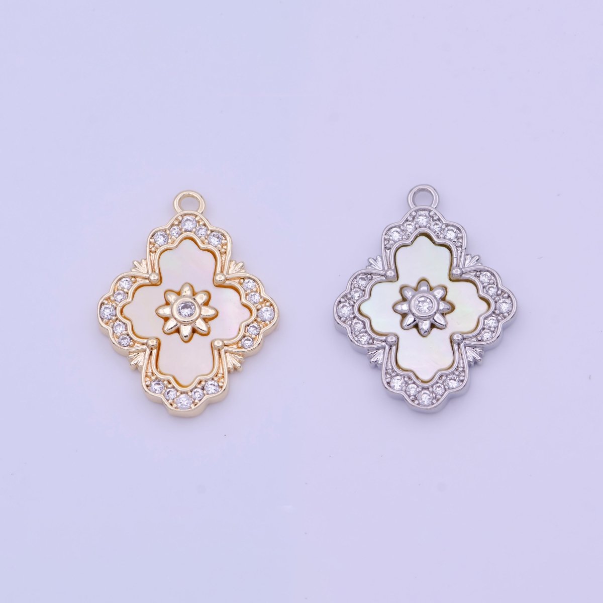 Micro Paved Clear CZ Flower Shell Pearl Gold & Silver Charm | N606