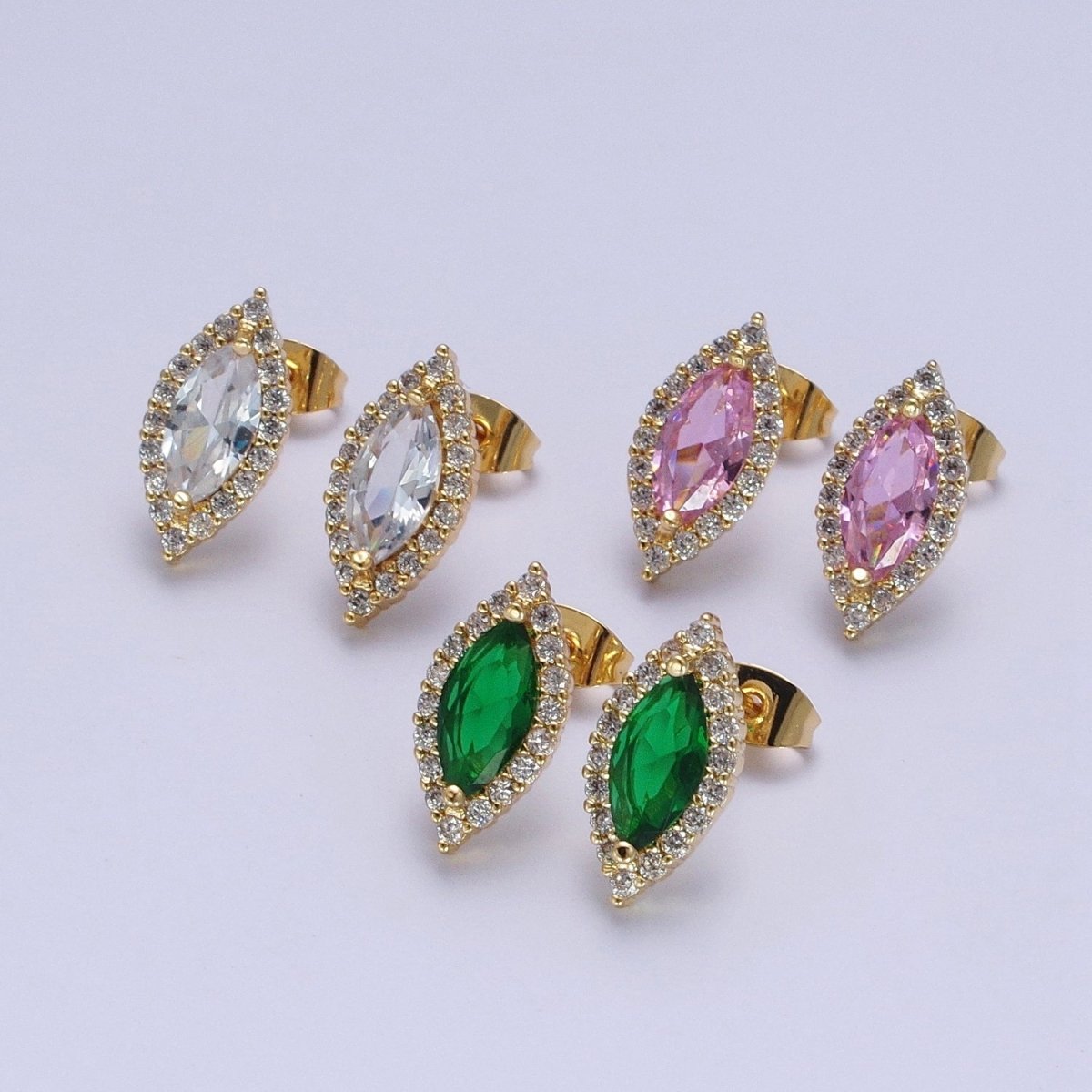 Micro Paved Clear Pink Green Marquise Cubic Zirconia Stud Earrings | AD-556~AD-558