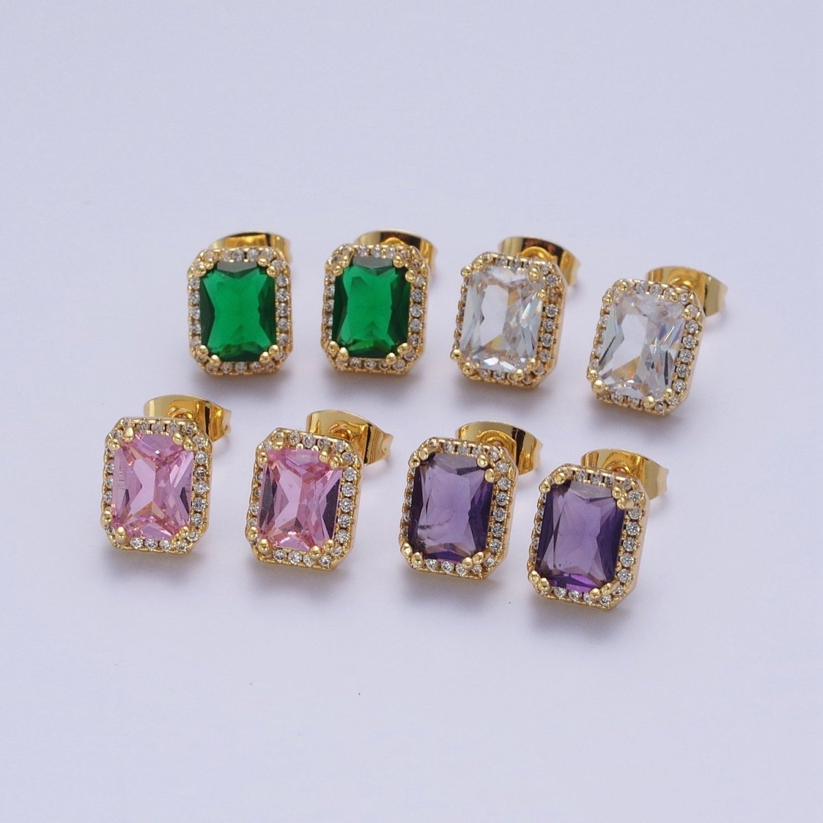 Micro Paved Clear Pink Purple Green Baguette Cubic Zirconia Gold Stud Earrings | AD-548~AD-551