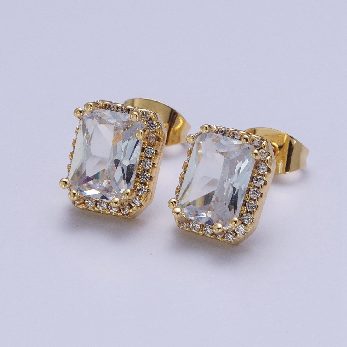 Micro Paved Clear Pink Purple Green Baguette Cubic Zirconia Gold Stud Earrings | AD-548~AD-551