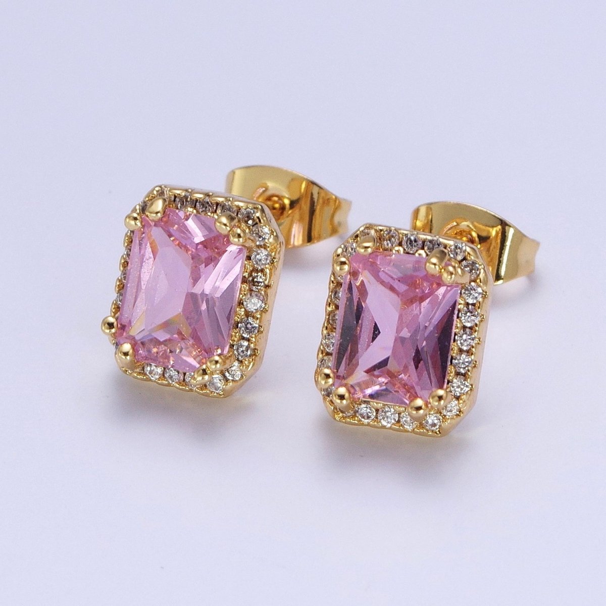 Micro Paved Clear Pink Purple Green Baguette Cubic Zirconia Gold Stud Earrings | AD-548~AD-551
