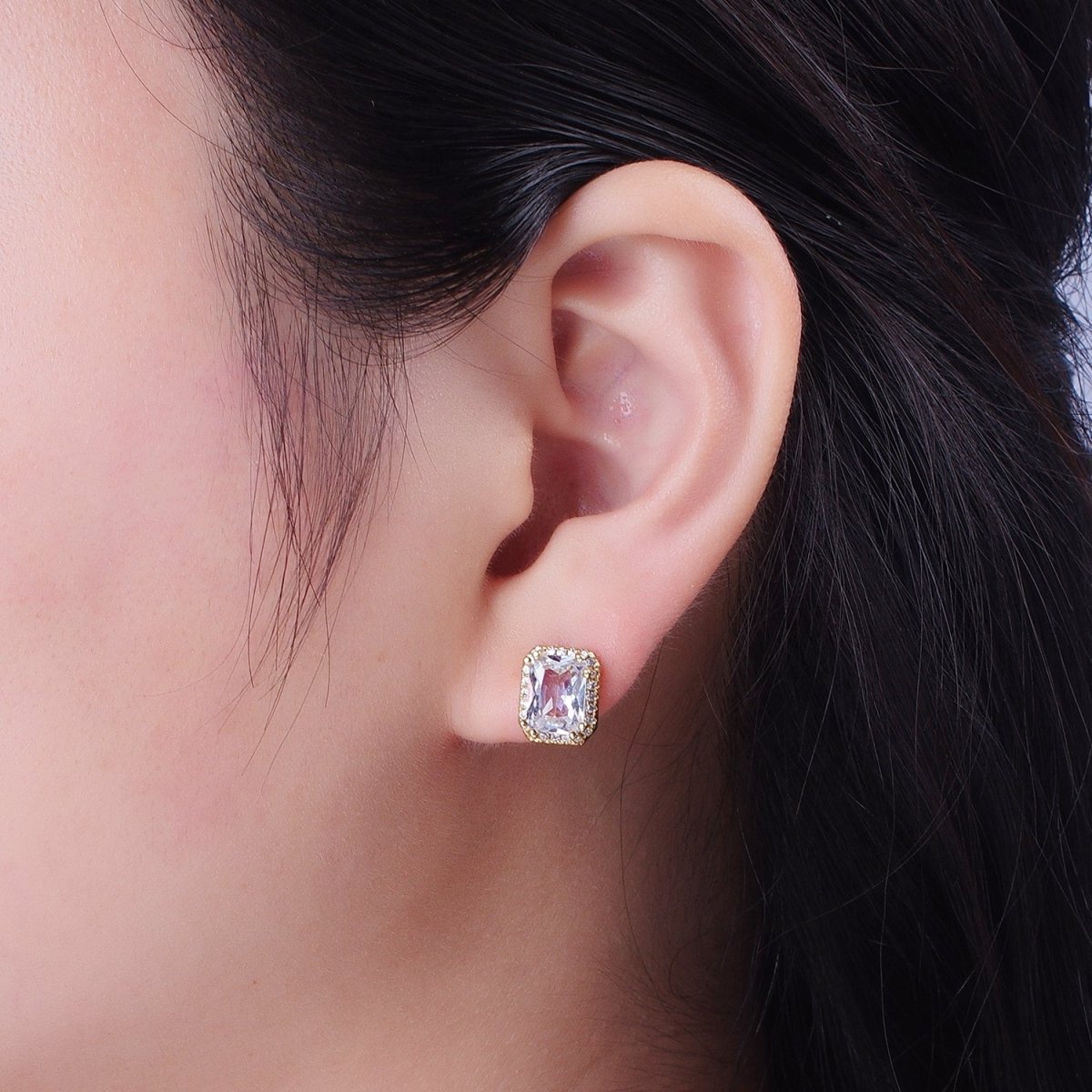 Micro Paved Clear Pink Purple Green Baguette Cubic Zirconia Gold Stud Earrings | AD-548~AD-551