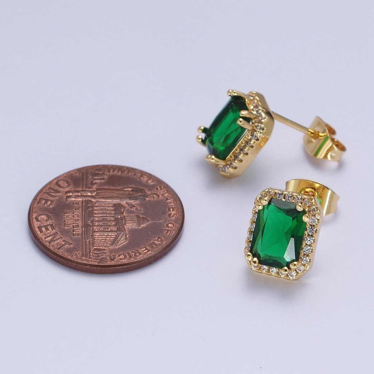 Micro Paved Clear Pink Purple Green Baguette Cubic Zirconia Gold Stud Earrings | AD-548~AD-551