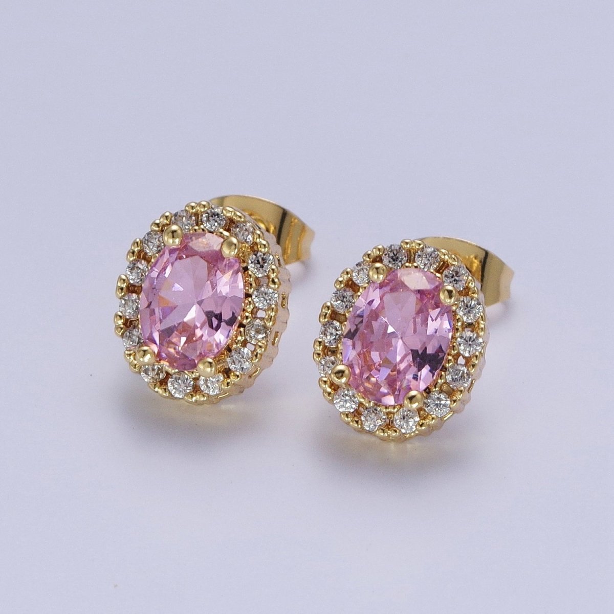 Micro Paved Clear Pink Purple Green Oval Gold Stud Earrings | AD-552~AD-555