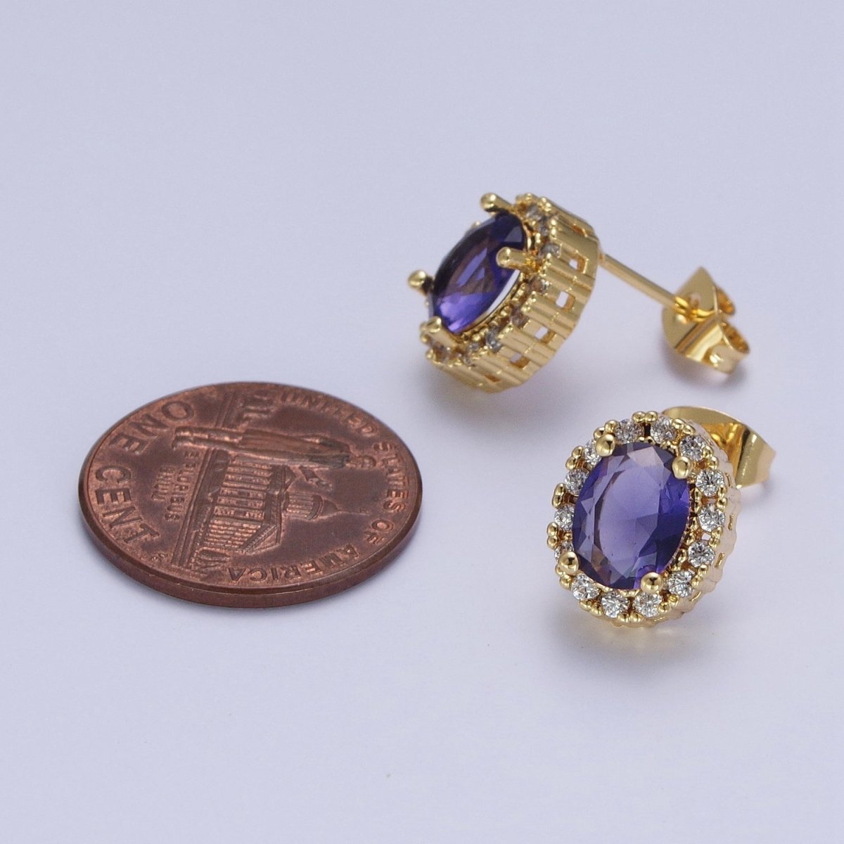 Micro Paved Clear Pink Purple Green Oval Gold Stud Earrings | AD-552~AD-555