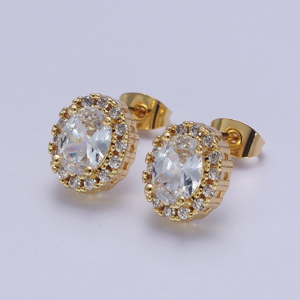 Micro Paved Clear Pink Purple Green Oval Gold Stud Earrings | AD-552~AD-555