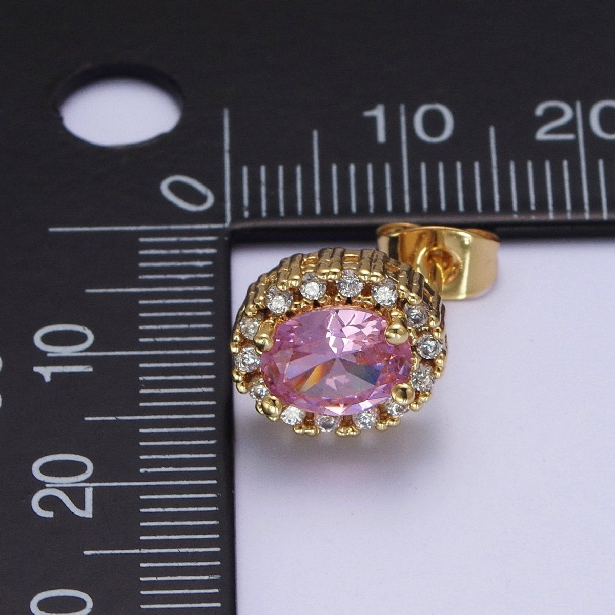 Micro Paved Clear Pink Purple Green Oval Gold Stud Earrings | AD-552~AD-555