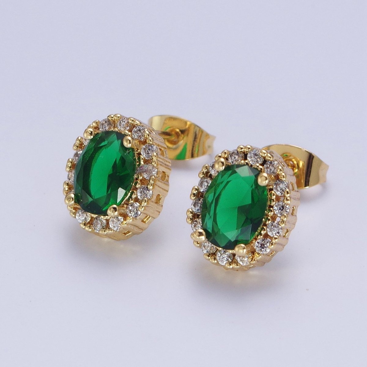 Micro Paved Clear Pink Purple Green Oval Gold Stud Earrings | AD-552~AD-555