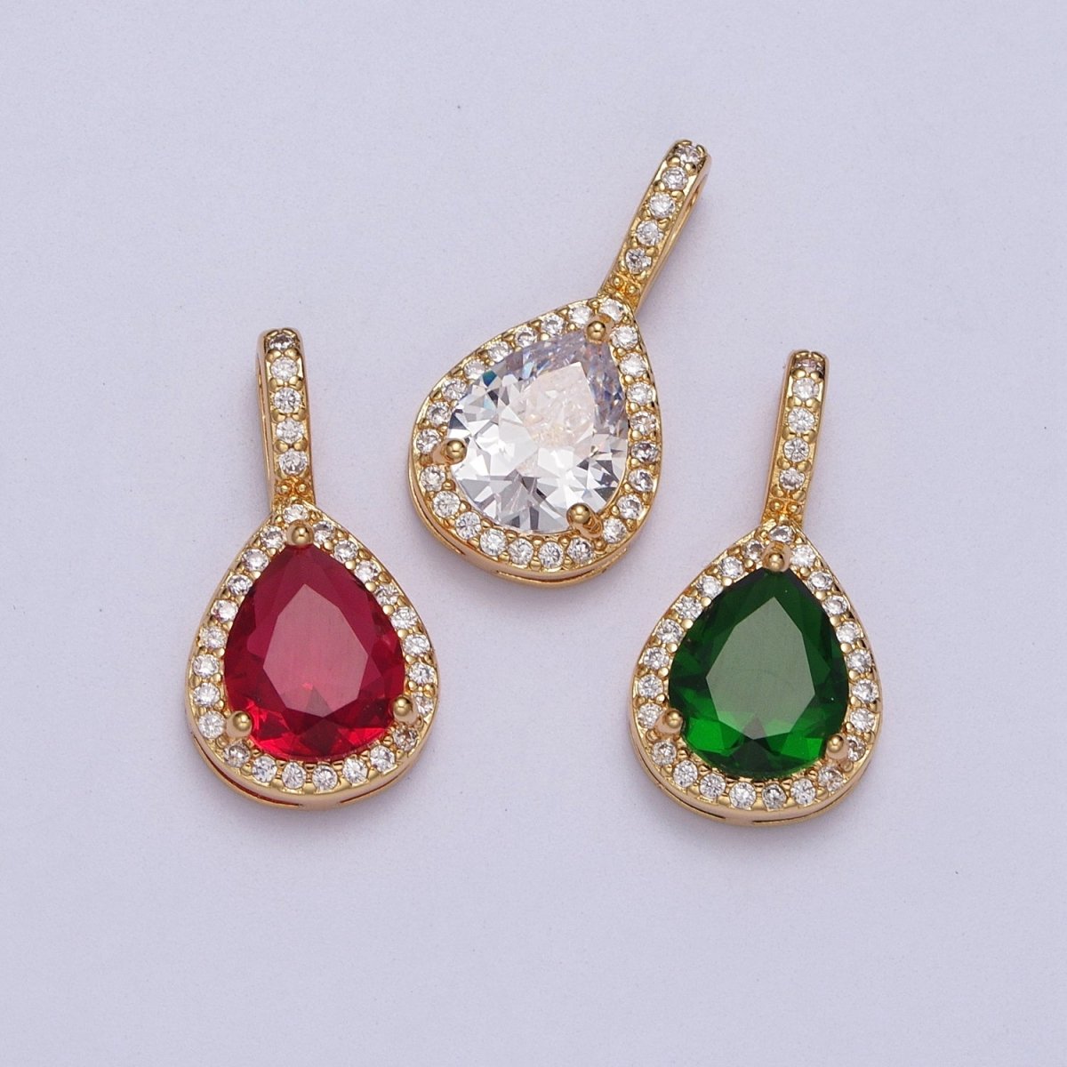 Micro Paved Clear, Red, Green Teardrop CZ Gold Pendant | AA011 - AA013