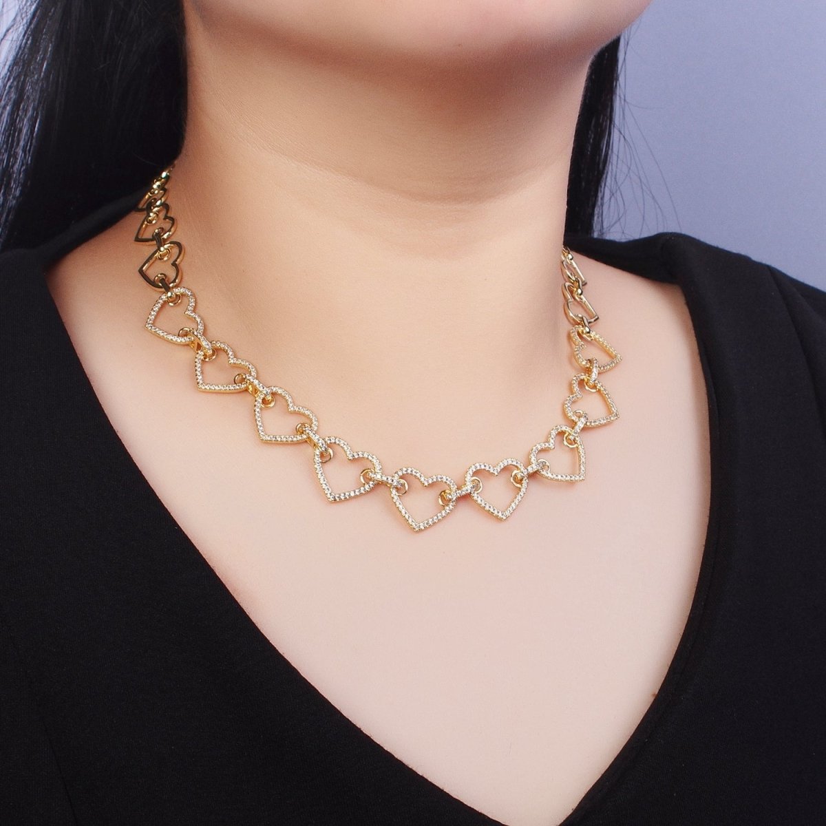 Micro Paved Cubic Zirconia Love Heart Chain Link 16 Inch Choker Necklace For Valentine Jewelry | WA-1105 Clearance Pricing