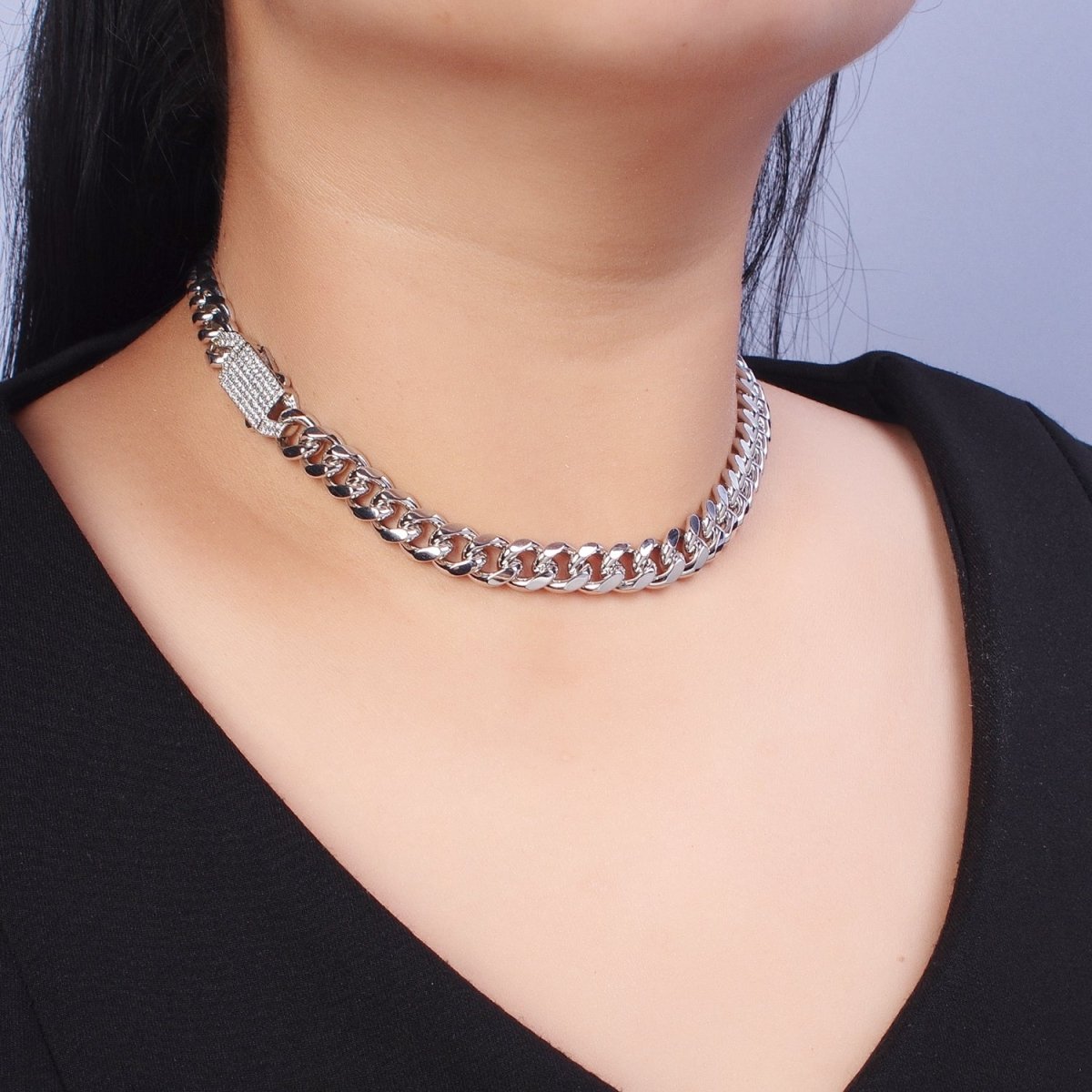 Micro Paved Cubic Zirconia Snap Lock Gold, Silver Cuban Curb Choker Necklace | WA-1106 WA-1418 Clearance Pricing