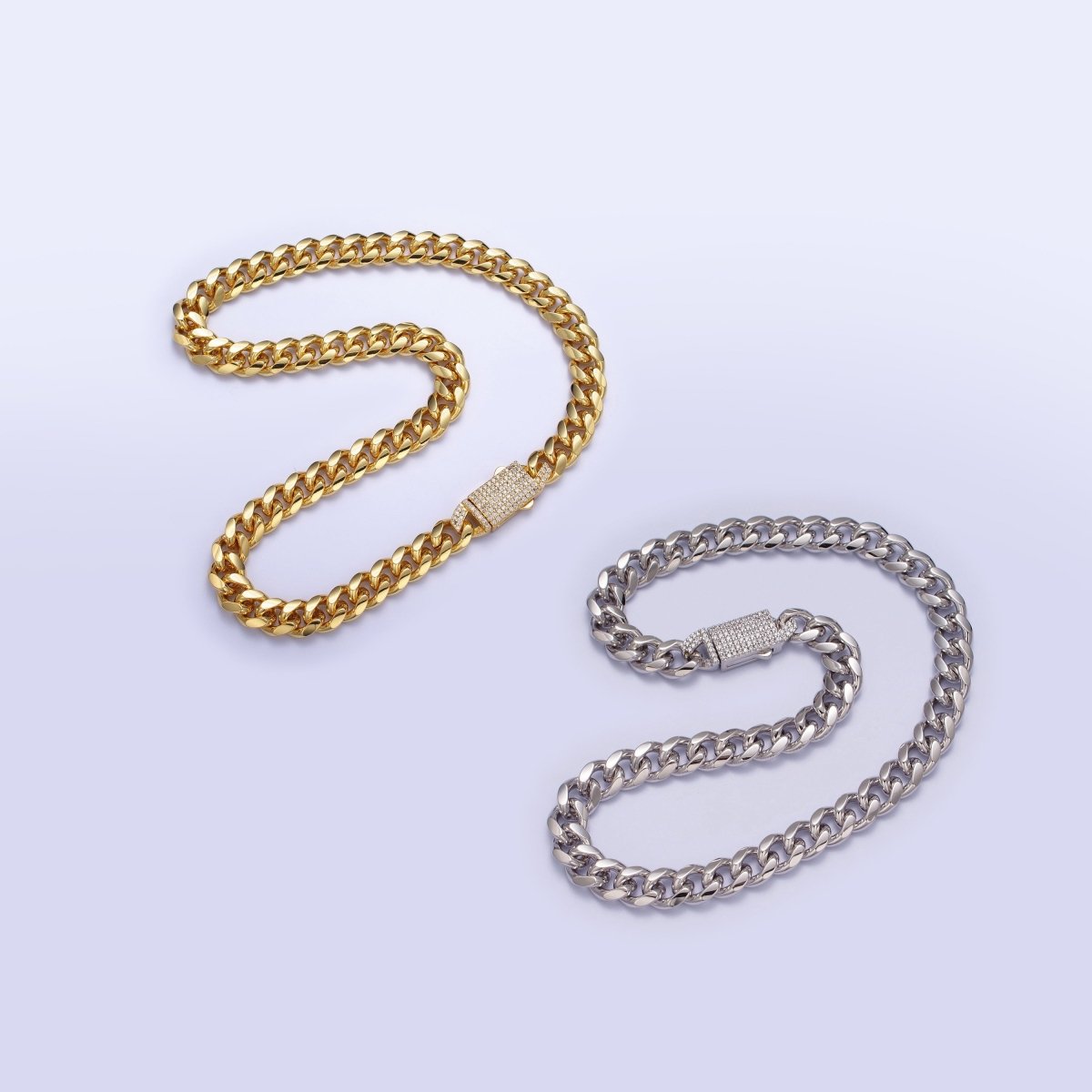 Micro Paved Cubic Zirconia Snap Lock Gold, Silver Cuban Curb Choker Necklace | WA-1106 WA-1418 Clearance Pricing