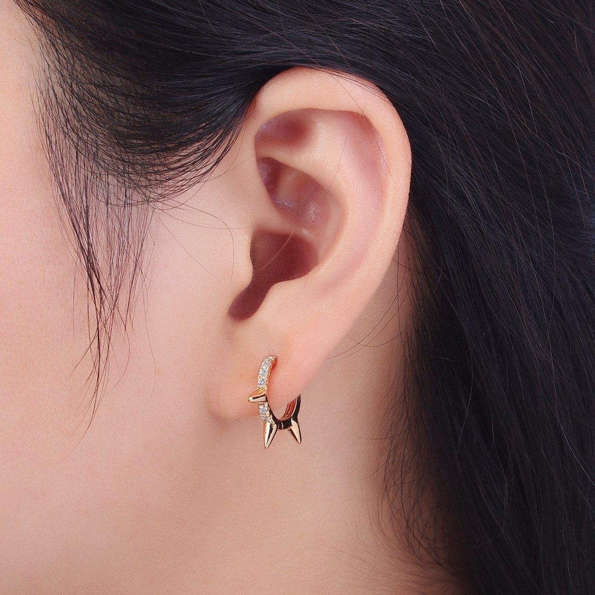 Micro Paved CZ 13mm Spike Teeth Huggie Hoop Pinky Gold Earrings P-497 - DLUXCA