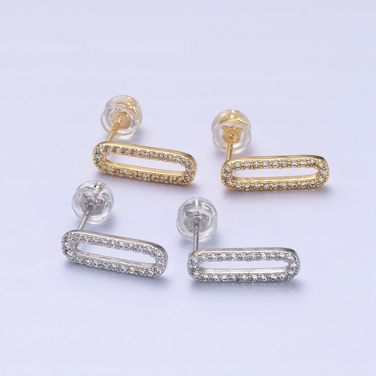 Micro Paved CZ 14.5mm Oblong Paperclip Link Stud Earrings in Gold & Silver | AB394 AB397
