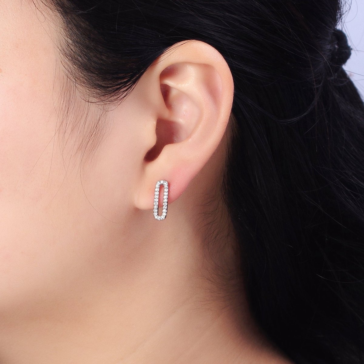 Micro Paved CZ 14.5mm Oblong Paperclip Link Stud Earrings in Gold & Silver | AB394 AB397