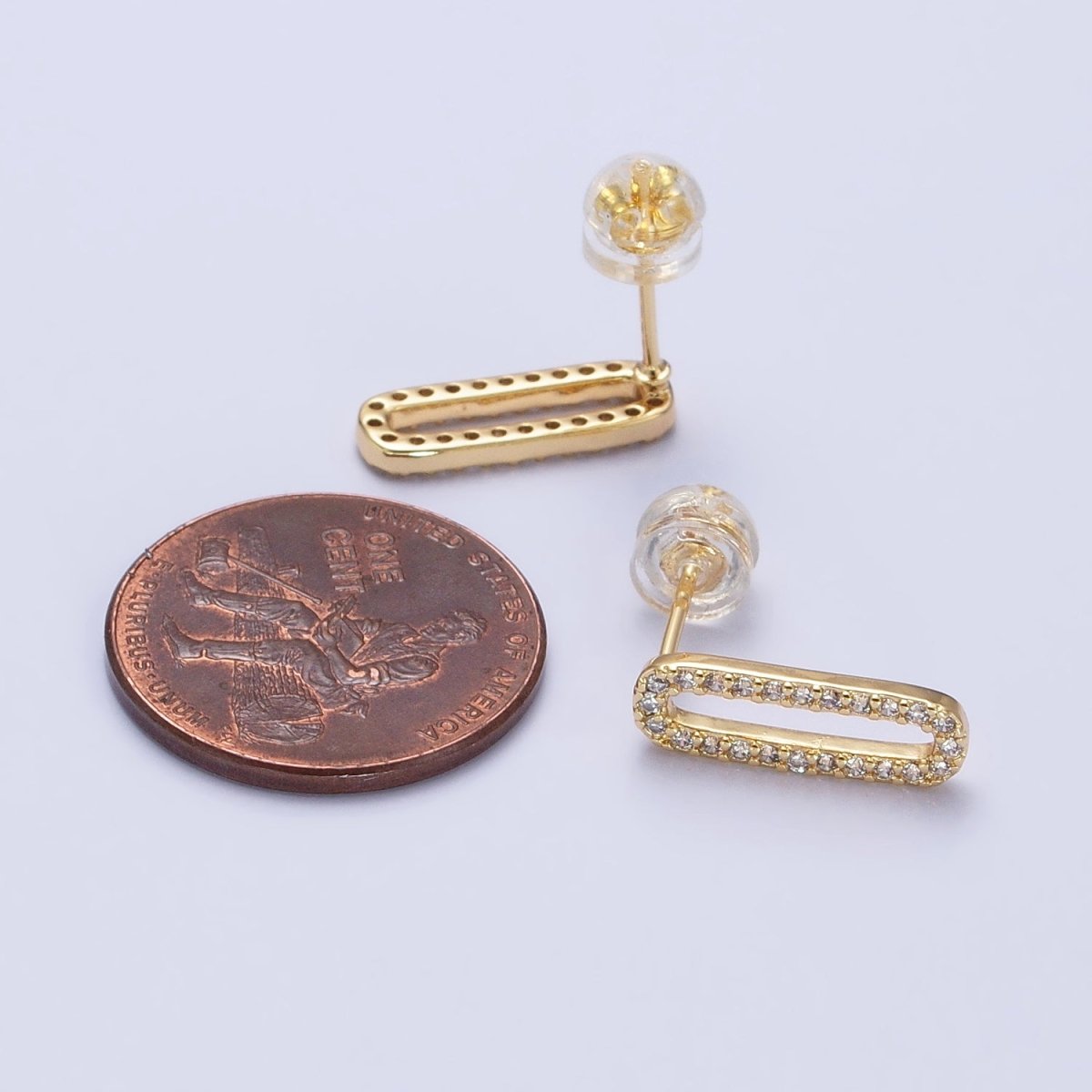 Micro Paved CZ 14.5mm Oblong Paperclip Link Stud Earrings in Gold & Silver | AB394 AB397