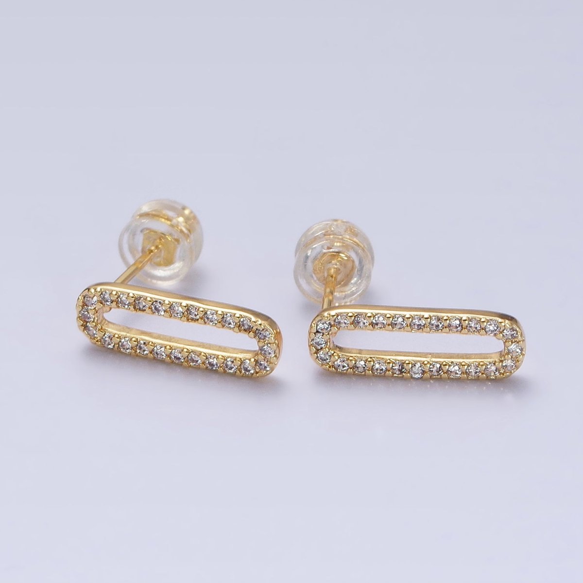 Micro Paved CZ 14.5mm Oblong Paperclip Link Stud Earrings in Gold & Silver | AB394 AB397