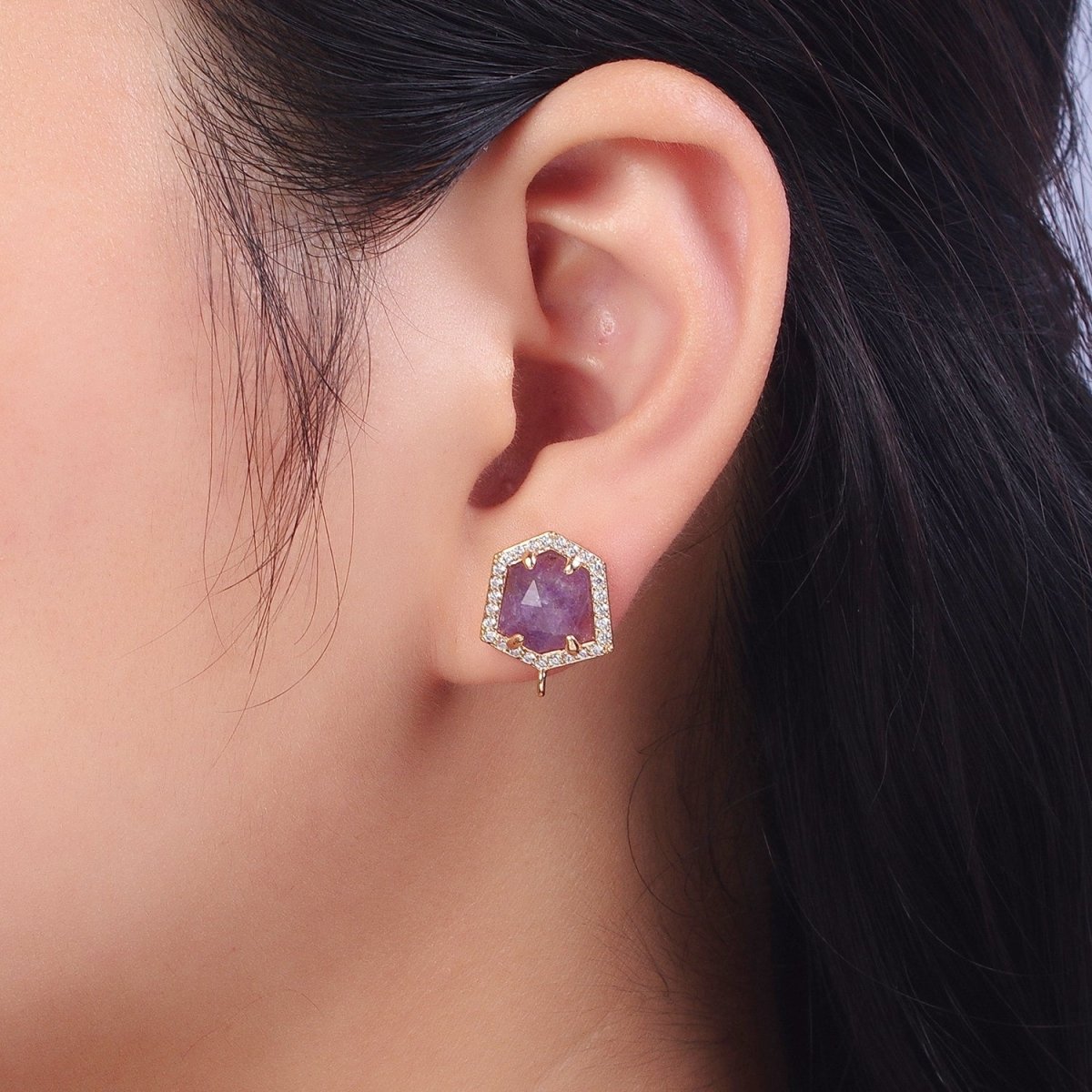 Micro Paved CZ Blue Lapiz, Purple Amethyst, Abalone Open Loop Stud Hexagon Geometric Earrings K-143 K-153 K-154