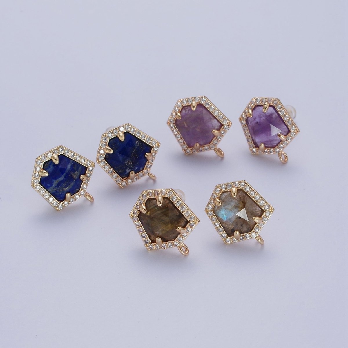 Micro Paved CZ Blue Lapiz, Purple Amethyst, Abalone Open Loop Stud Hexagon Geometric Earrings K-143 K-153 K-154