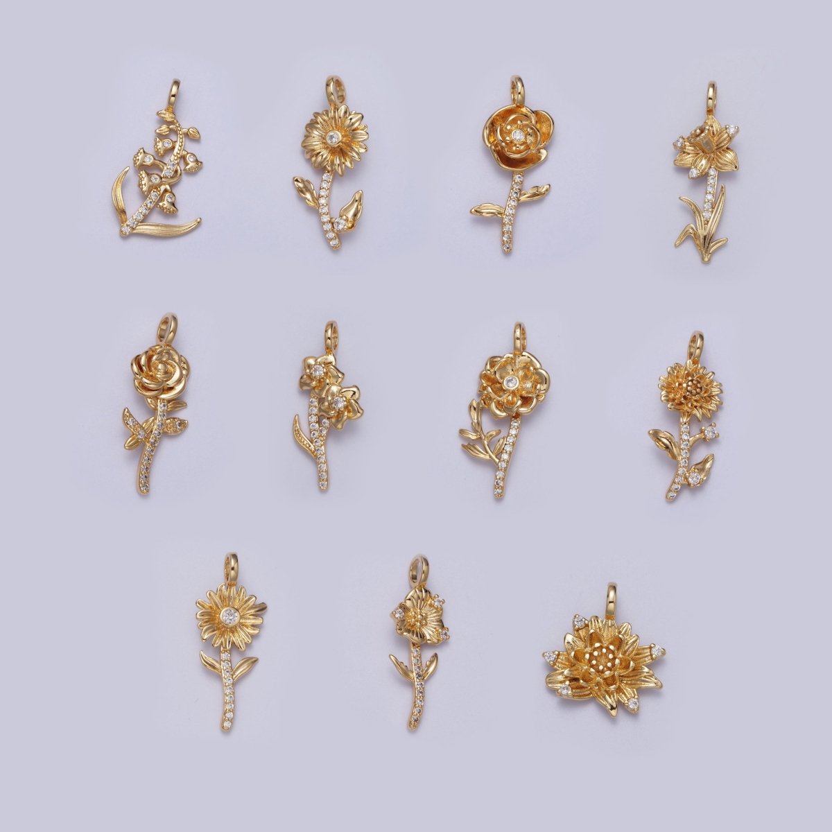 Micro Paved CZ Botanic Garden Birth Flower Gold Charm H-011 H-026 - H-032 H-038 H-040 H-041