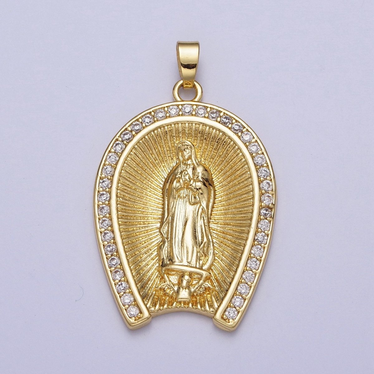 Micro Paved CZ Line Textured Mother Virgin Mary Gold Religious Pendant H-887 - DLUXCA
