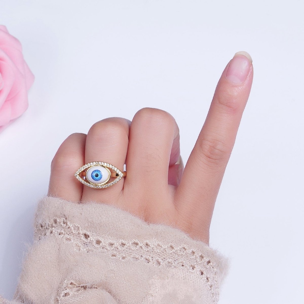 Micro Paved CZ Open Blue Evil Eye of Ra Protection Adjustable Gold Statement Ring | O-1999