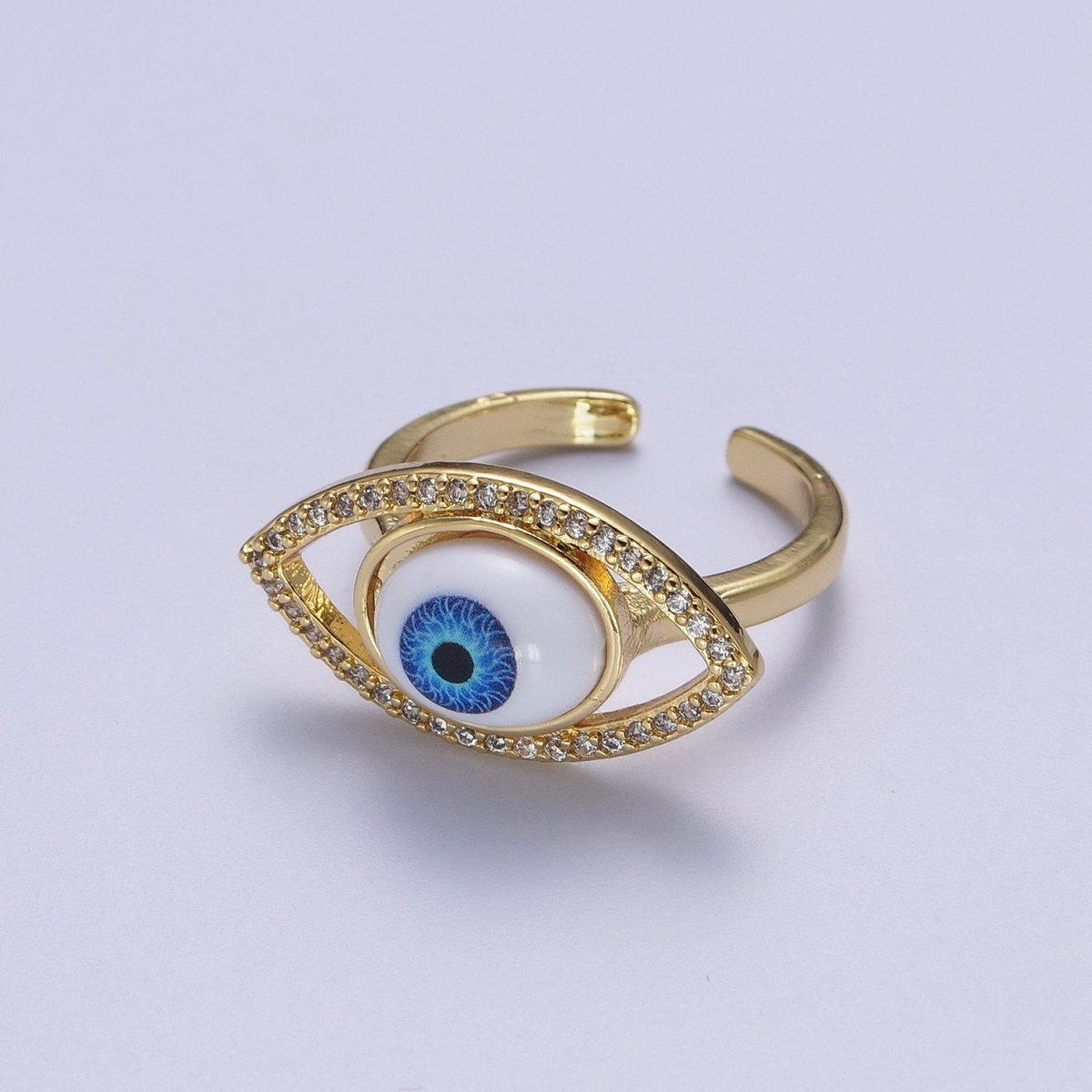 Micro Paved CZ Open Blue Evil Eye of Ra Protection Adjustable Gold Statement Ring | O-1999