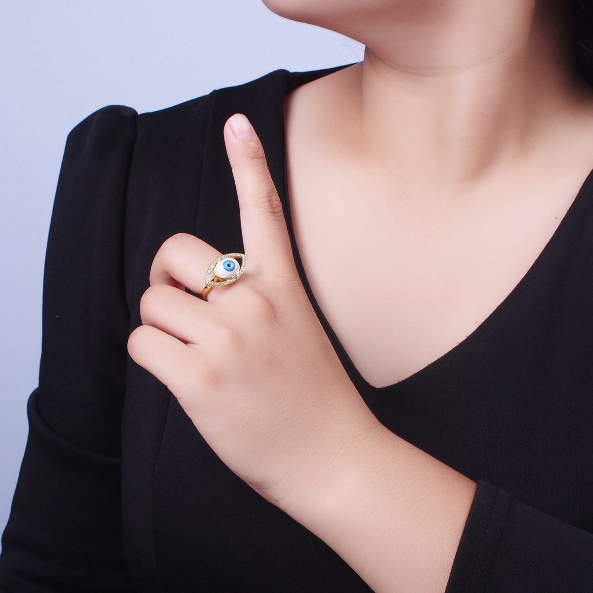 Micro Paved CZ Open Blue Evil Eye of Ra Protection Adjustable Gold Statement Ring | O-1999