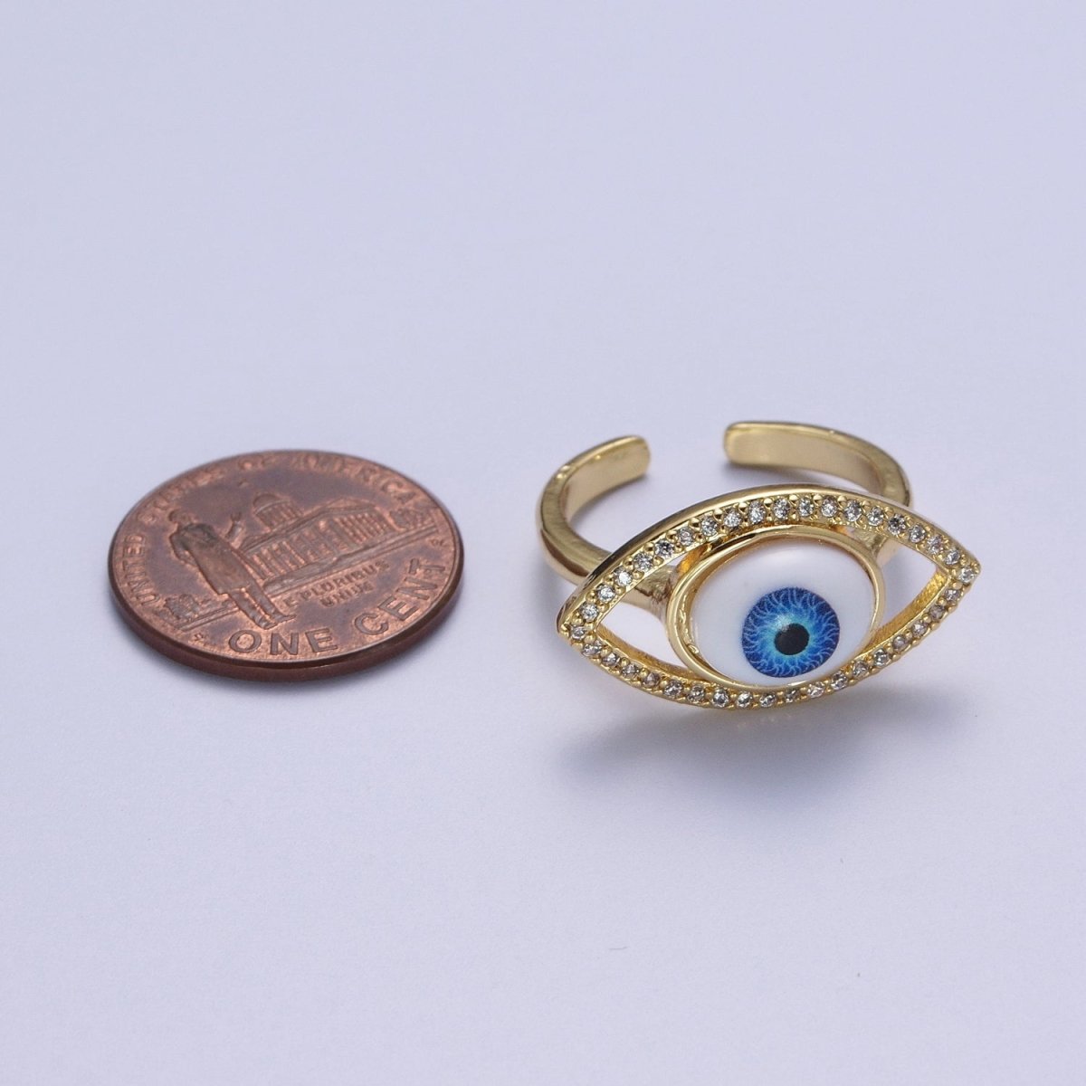 Micro Paved CZ Open Blue Evil Eye of Ra Protection Adjustable Gold Statement Ring | O-1999