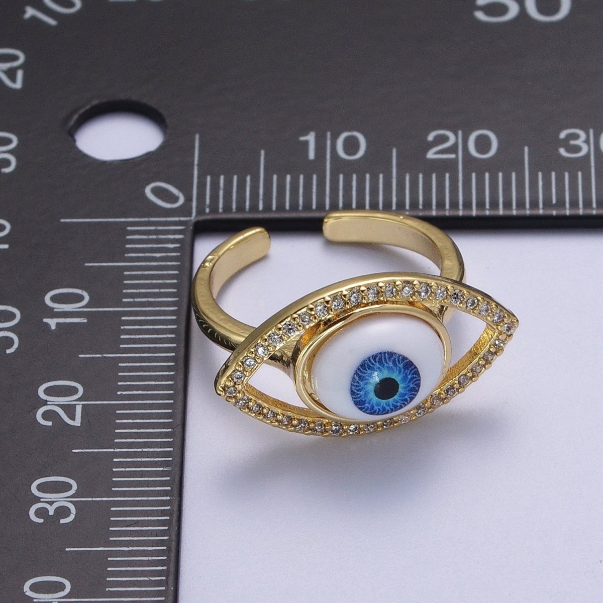 Micro Paved CZ Open Blue Evil Eye of Ra Protection Adjustable Gold Statement Ring | O-1999