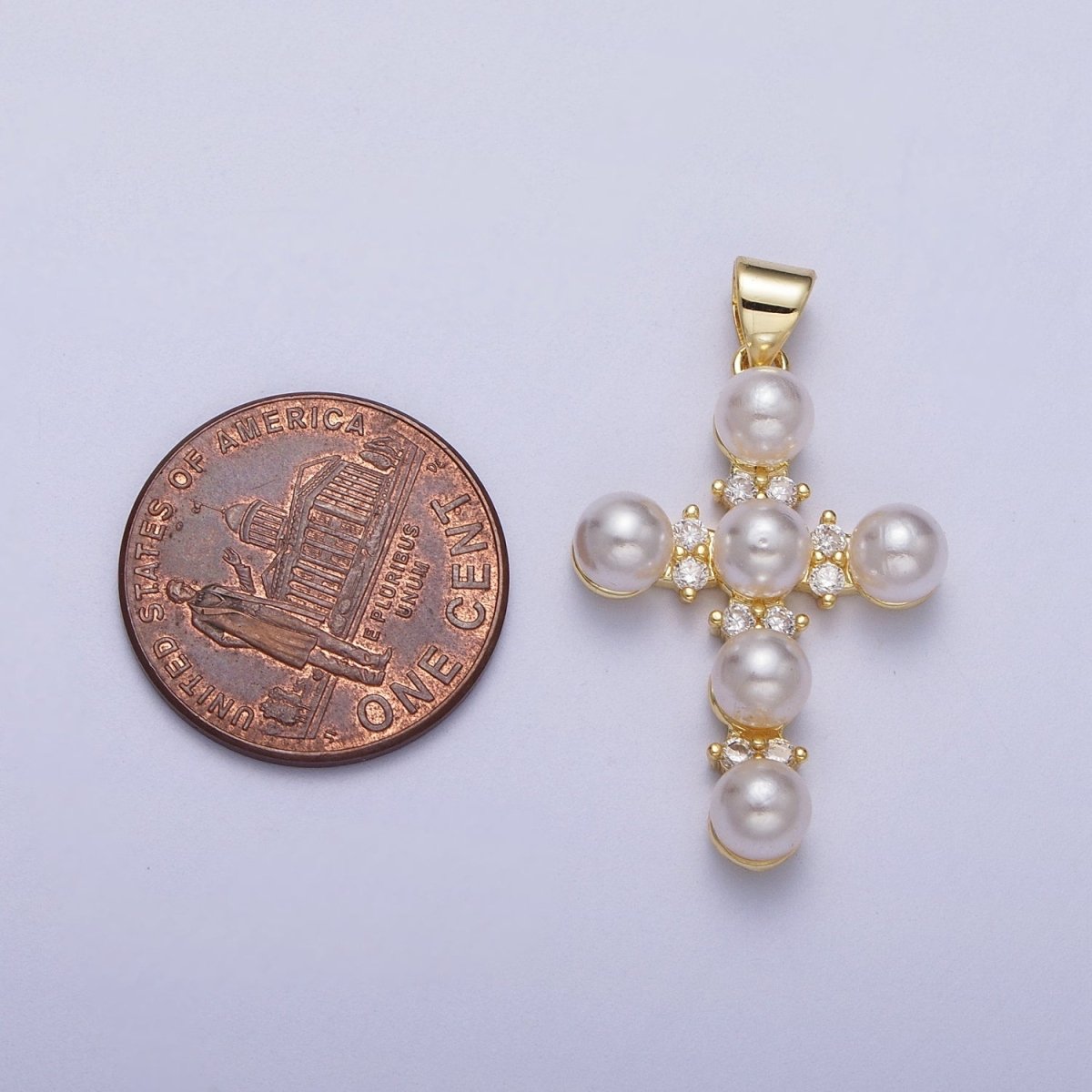 Micro Paved CZ Round White Pearl Religious Cross Gold Pendant I-275 - DLUXCA