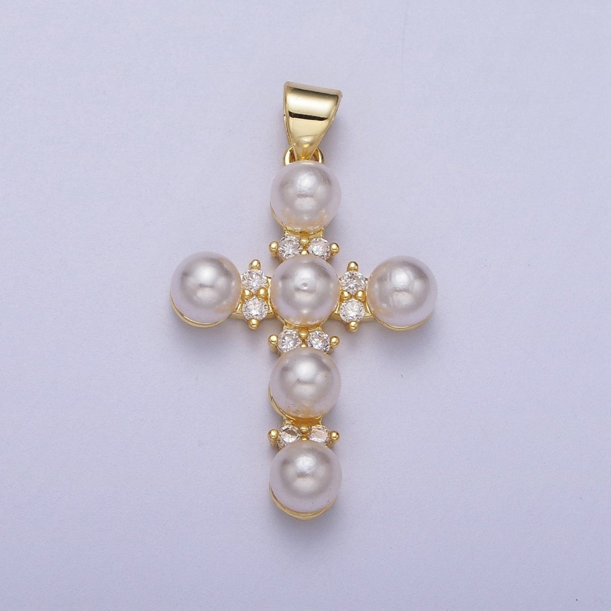 Micro Paved CZ Round White Pearl Religious Cross Gold Pendant I-275 - DLUXCA