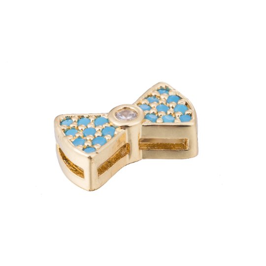 Micro Paved CZ / Turquoise Ribbon Bow Bead in Gold & Silver | B-068