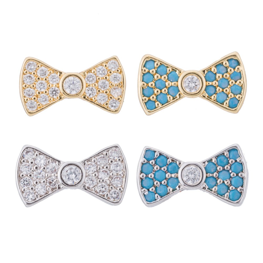 Micro Paved CZ / Turquoise Ribbon Bow Bead in Gold & Silver | B-068